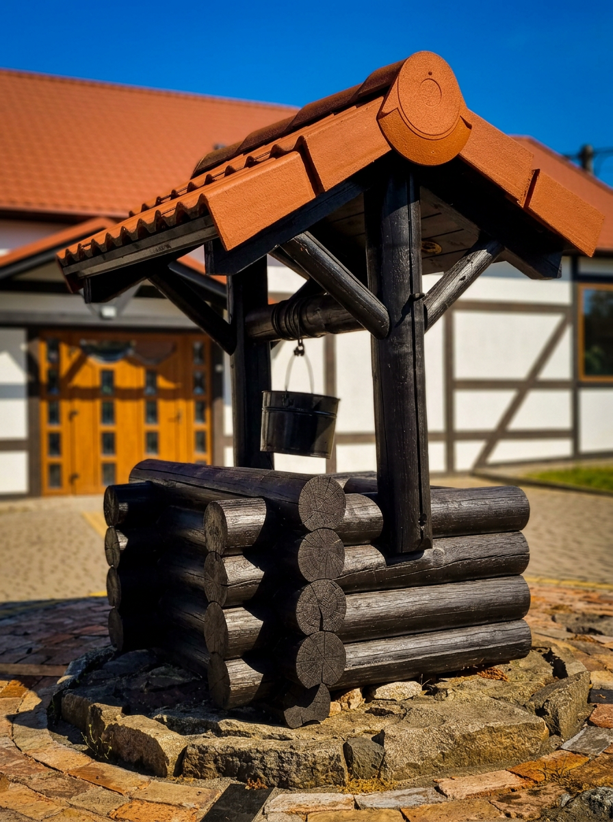 Drewniana studnia z ceglanym dachem na dziedzińcu siedliska