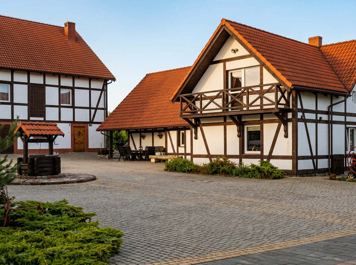 Dziedziniec siedliska z brukowaną nawierzchnią i zabudowaniami w stylu muru pruskiego