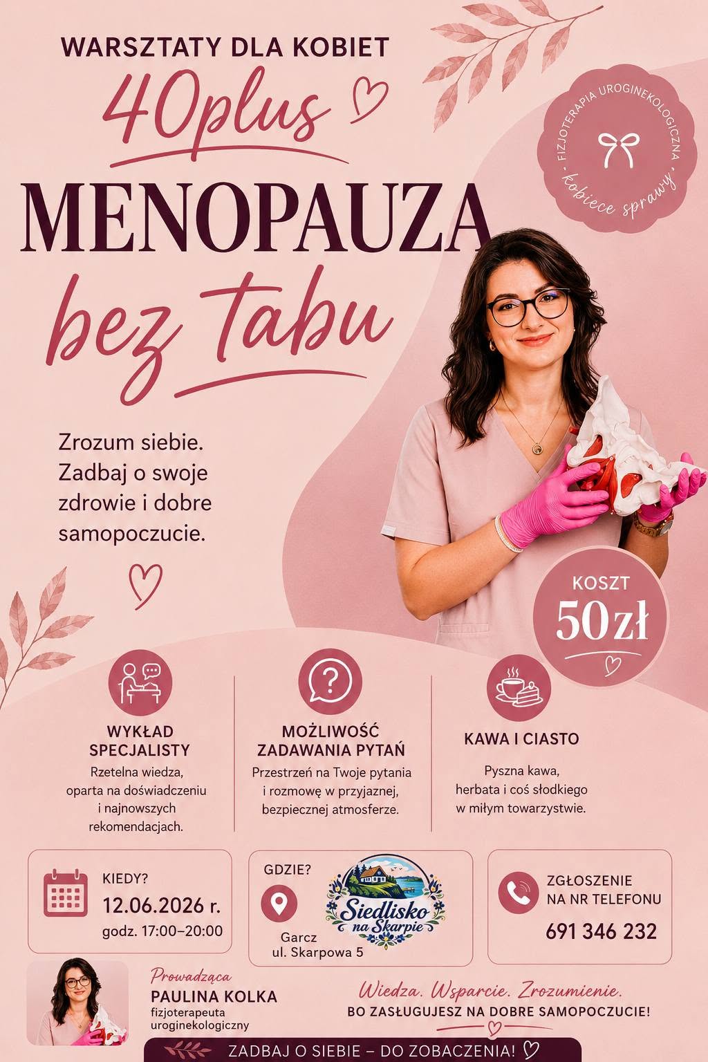 Plakat warsztatów dla kobiet 40plus — Menopauza bez tabu, 12.06.2026, Siedlisko na Skarpie